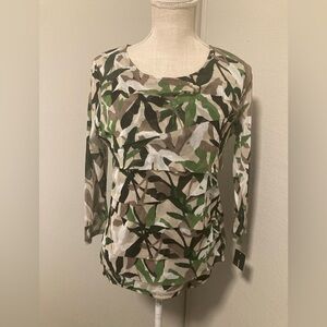 Alfani Camouflage Leaf Print Long Sleeve Top in Green and Tan